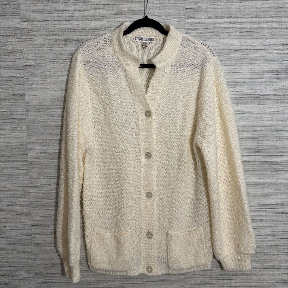 Vintage Cream Boucle Button Up Boyfriend Cardigan Sweater Granny M Tall Long